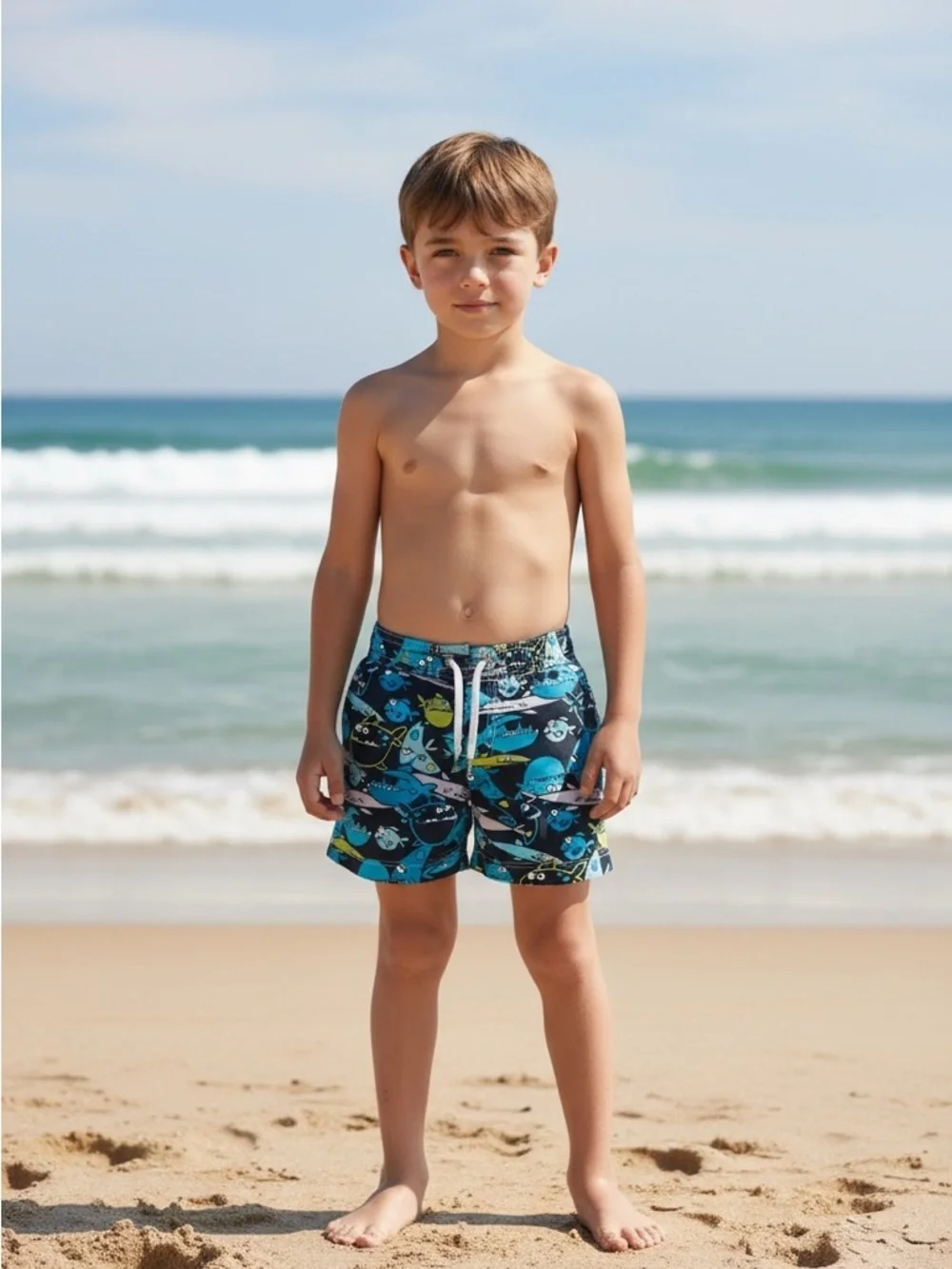 Boys Small Blue Shark Print Swim Trunks polyester lining pull-on elastic waist